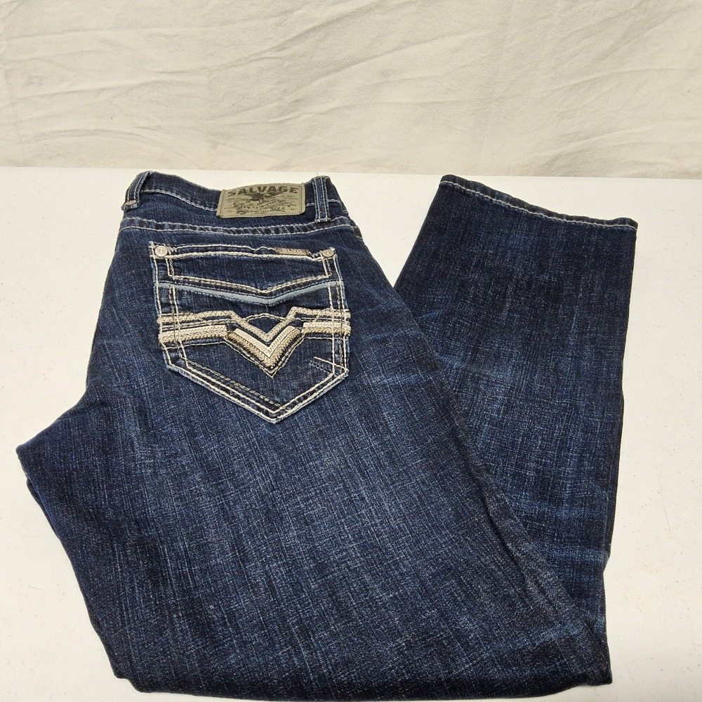 Salvage Mayhem Straight Jeans‎ Mens 33x30 Dark Wash Embroidered Buckle Exclusive
